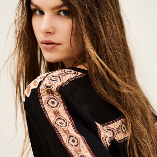 dark brown button down blouse with colourful paisley print from bash model close up