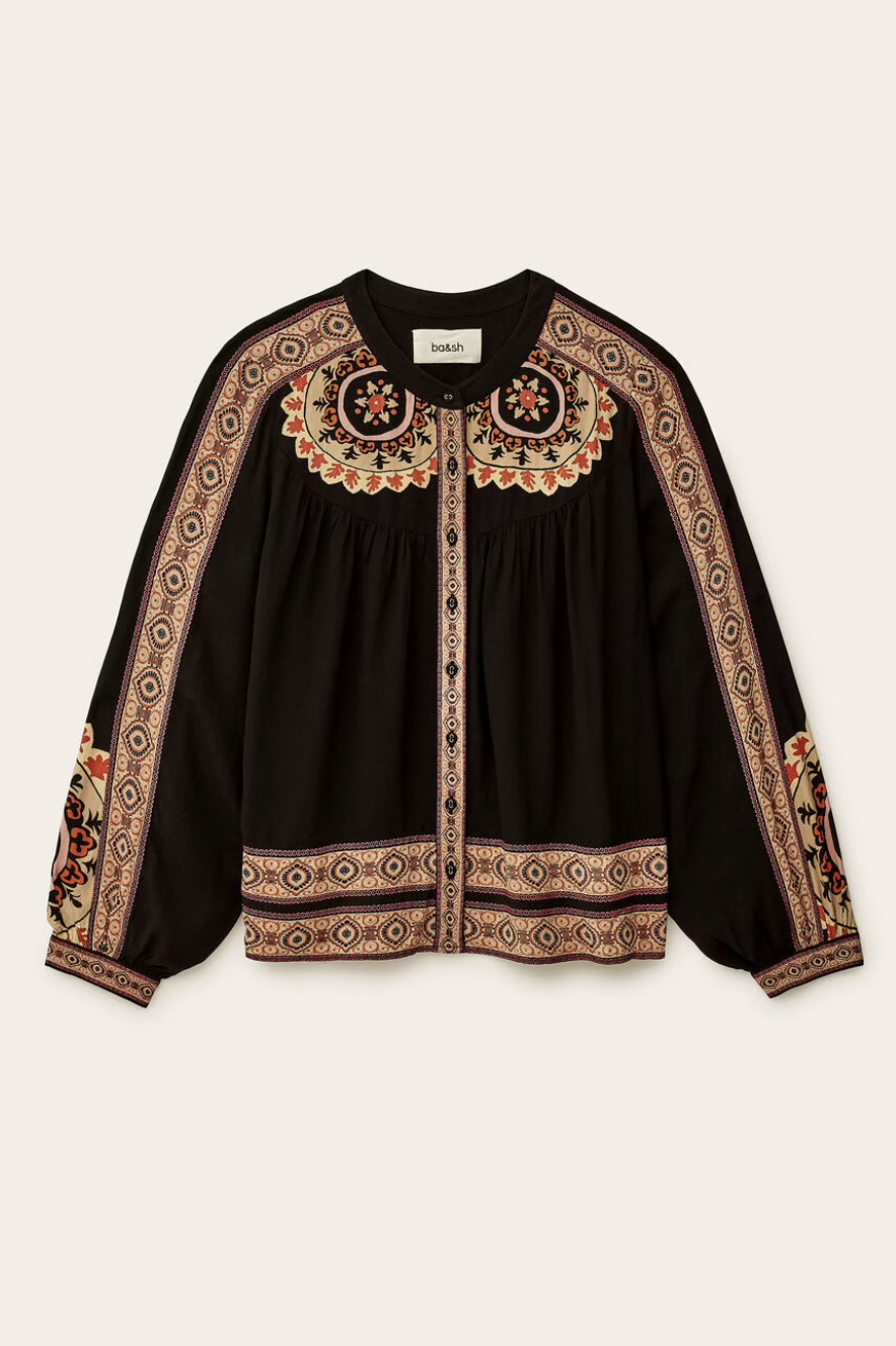 dark brown button down blouse with colourful paisley print from bash