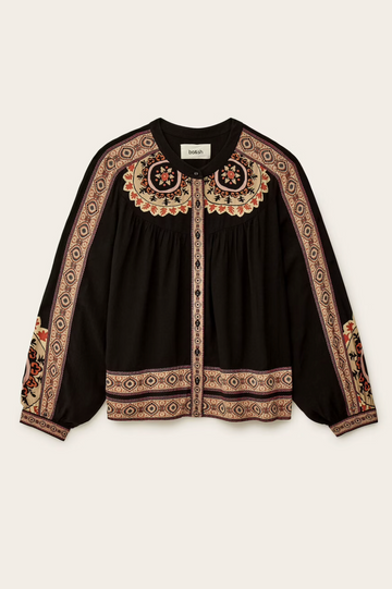 dark brown button down blouse with colourful paisley print from bash