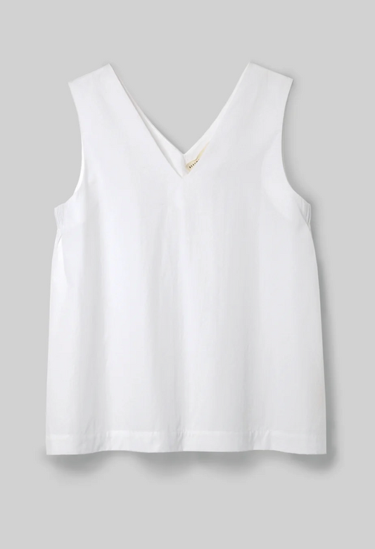 white v neck top on a light grey background