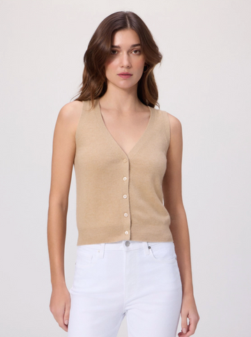 Woman wearing a beige sleeveless button-up top against a white background