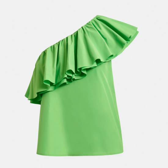 Bright green one shoulder top with ruffle detail