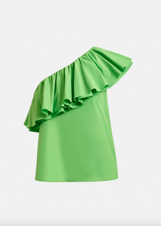 Bright green one shoulder top with ruffle detail