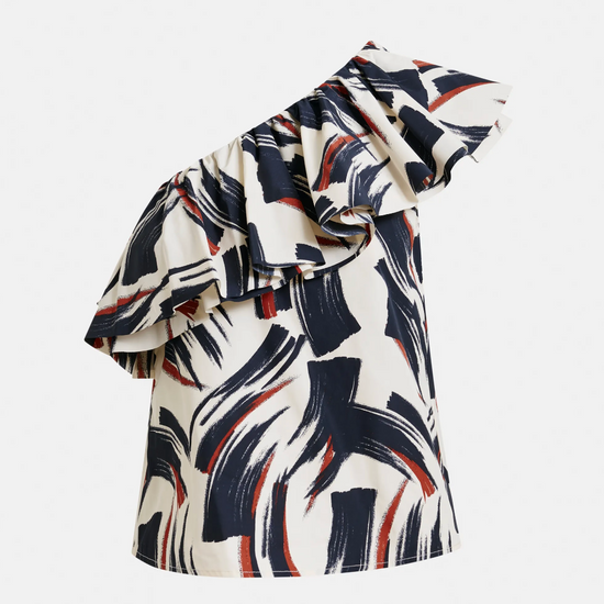 One shoulder top in off white brown and black print with ruffle detail