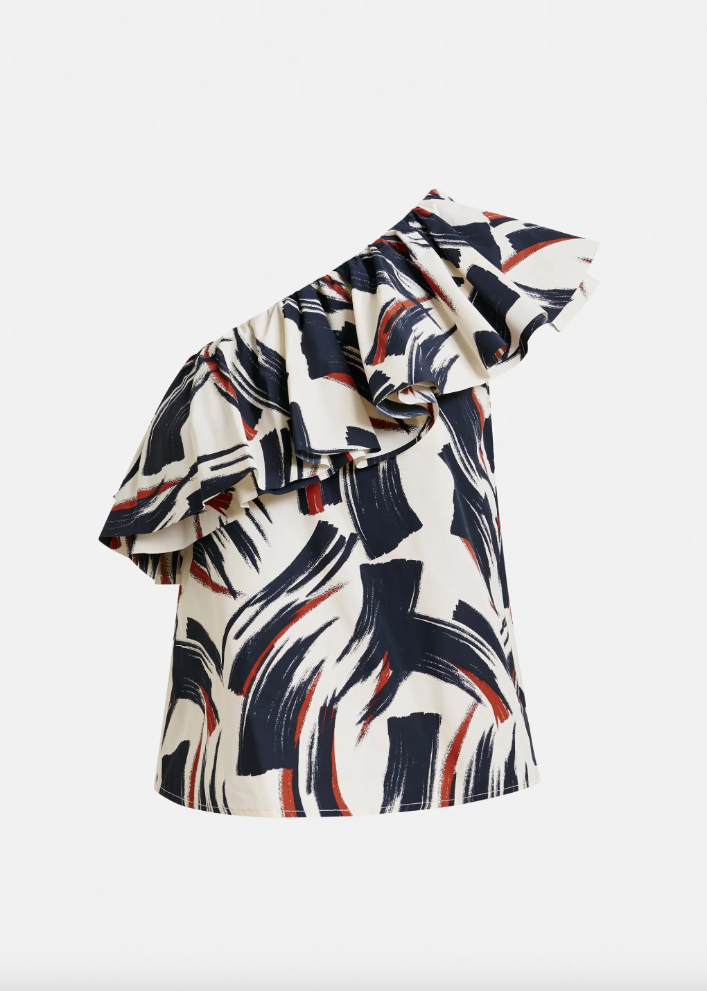 One shoulder top in off white brown and black print with ruffle detail