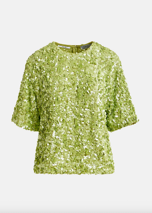 Green sequin top on a white background
