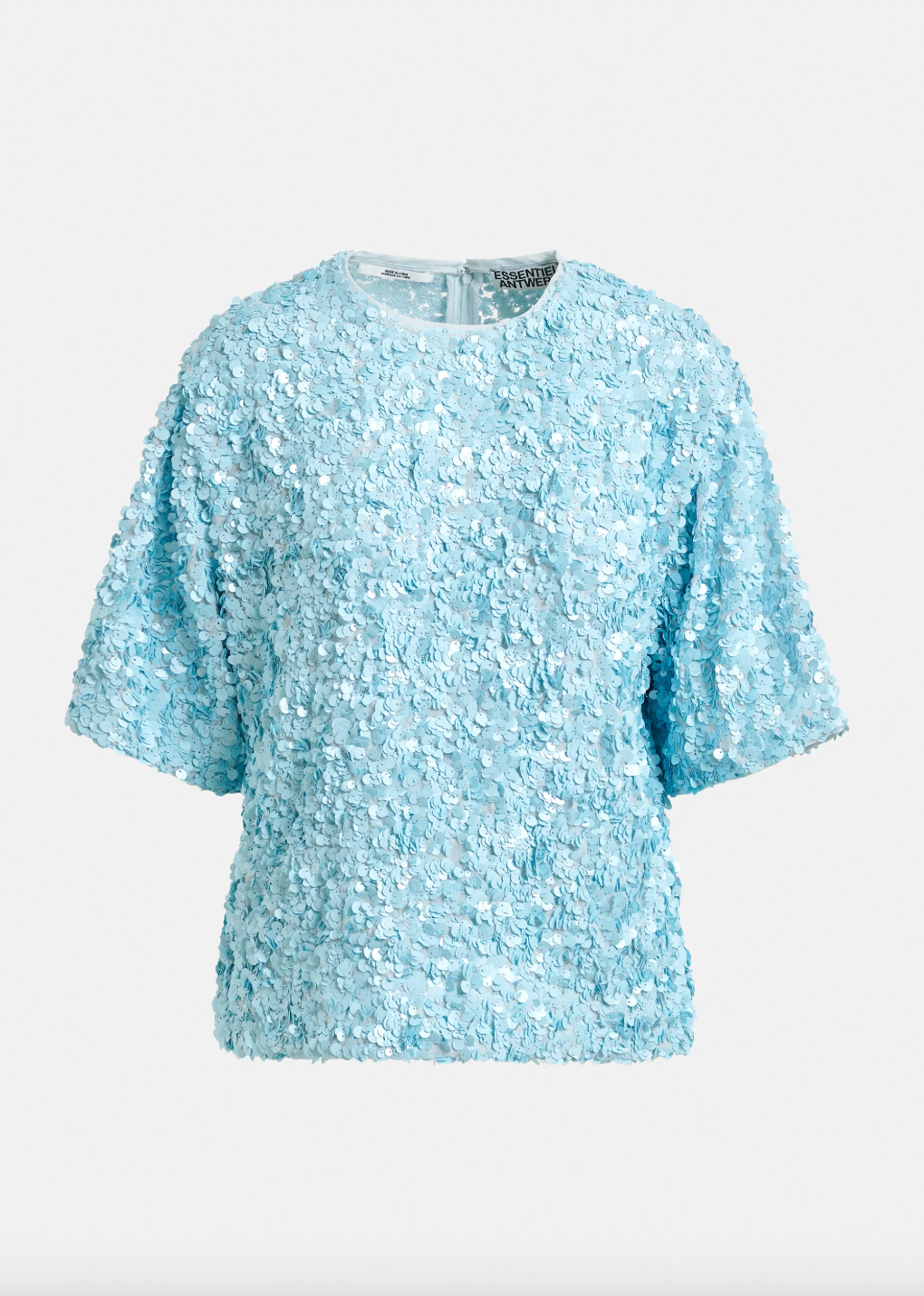 pale blue sequin top with short sleeves