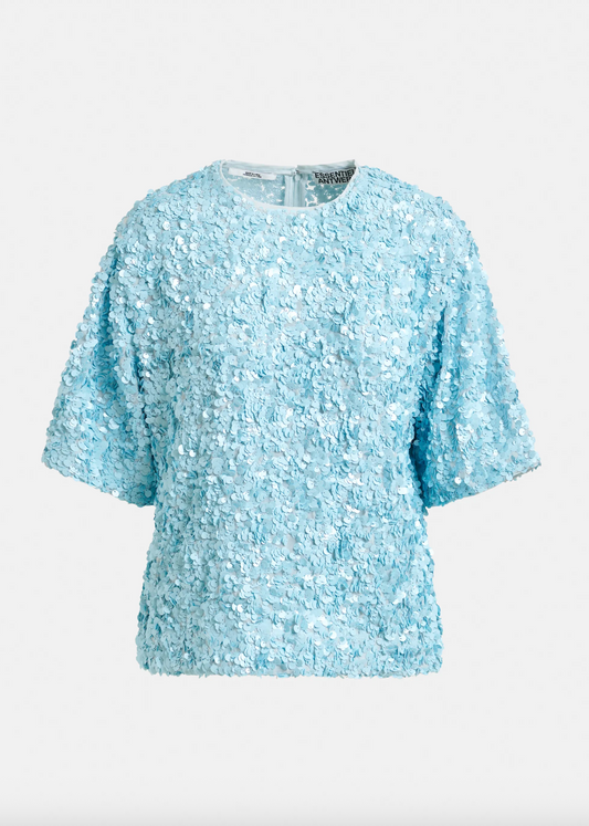 pale blue sequin top with short sleeves