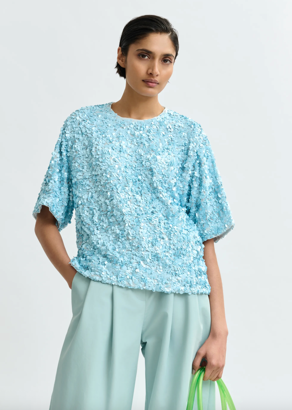 Blue sequin short sleeve top
