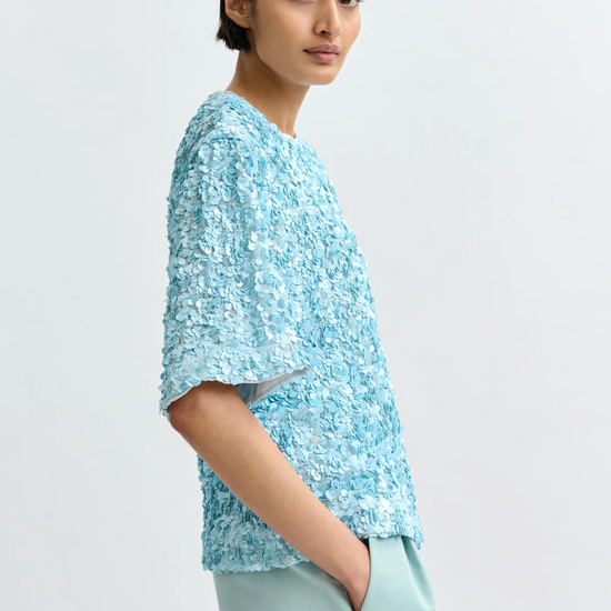 Short sleeve pale blue sequin top