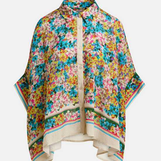 Colorful floral-patterned shawl on a white background
