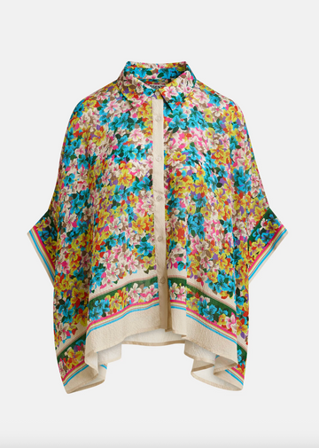 Colorful floral-patterned shawl on a white background