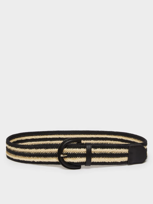 black and natural woven belt with leather details