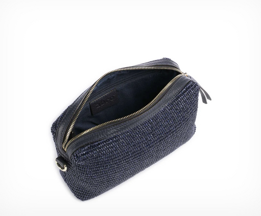 navy raffia handbag on a white background