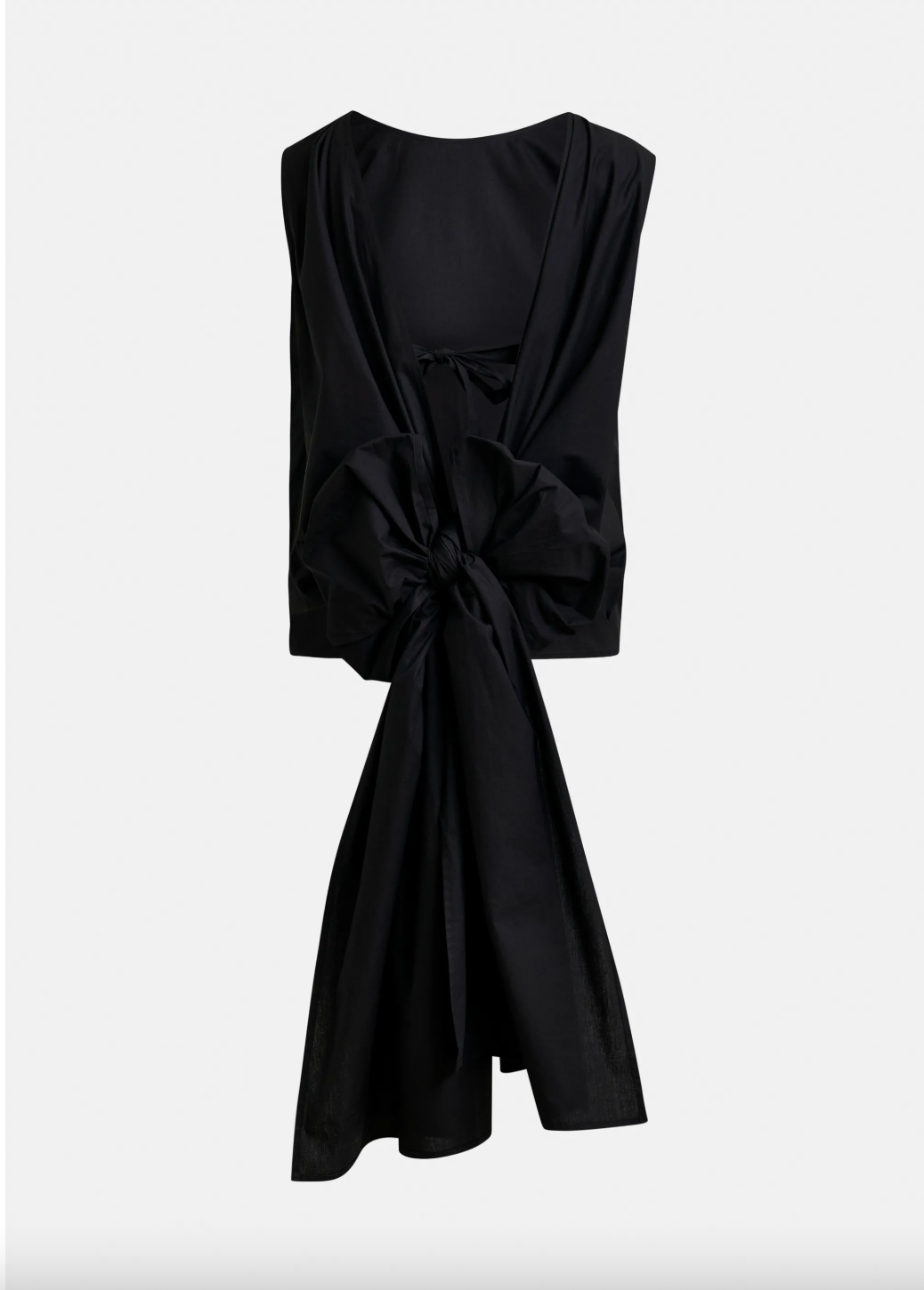 Black sleeveless dress with a knot detail on a white background