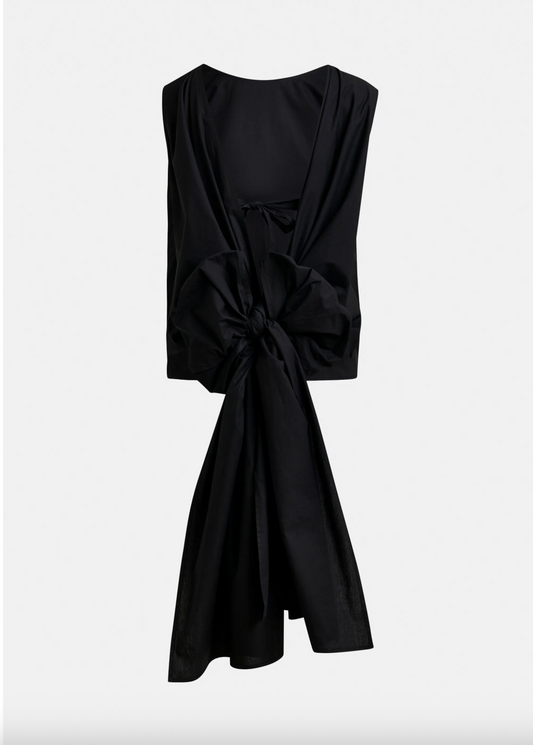 Black sleeveless dress with a knot detail on a white background