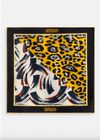 Leopard print scarf with abstract design and brand logos on a white background