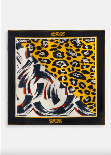 Leopard print scarf with abstract design and brand logos on a white background