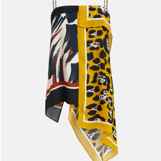 Multicolored scarf with animal print patterns on a white background