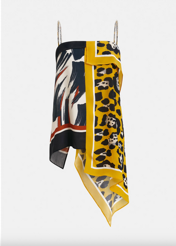 Multicolored scarf with animal print patterns on a white background
