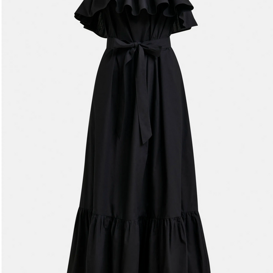Black off-shoulder dress with ruffled details on a white background