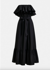 Black off-shoulder dress with ruffled details on a white background