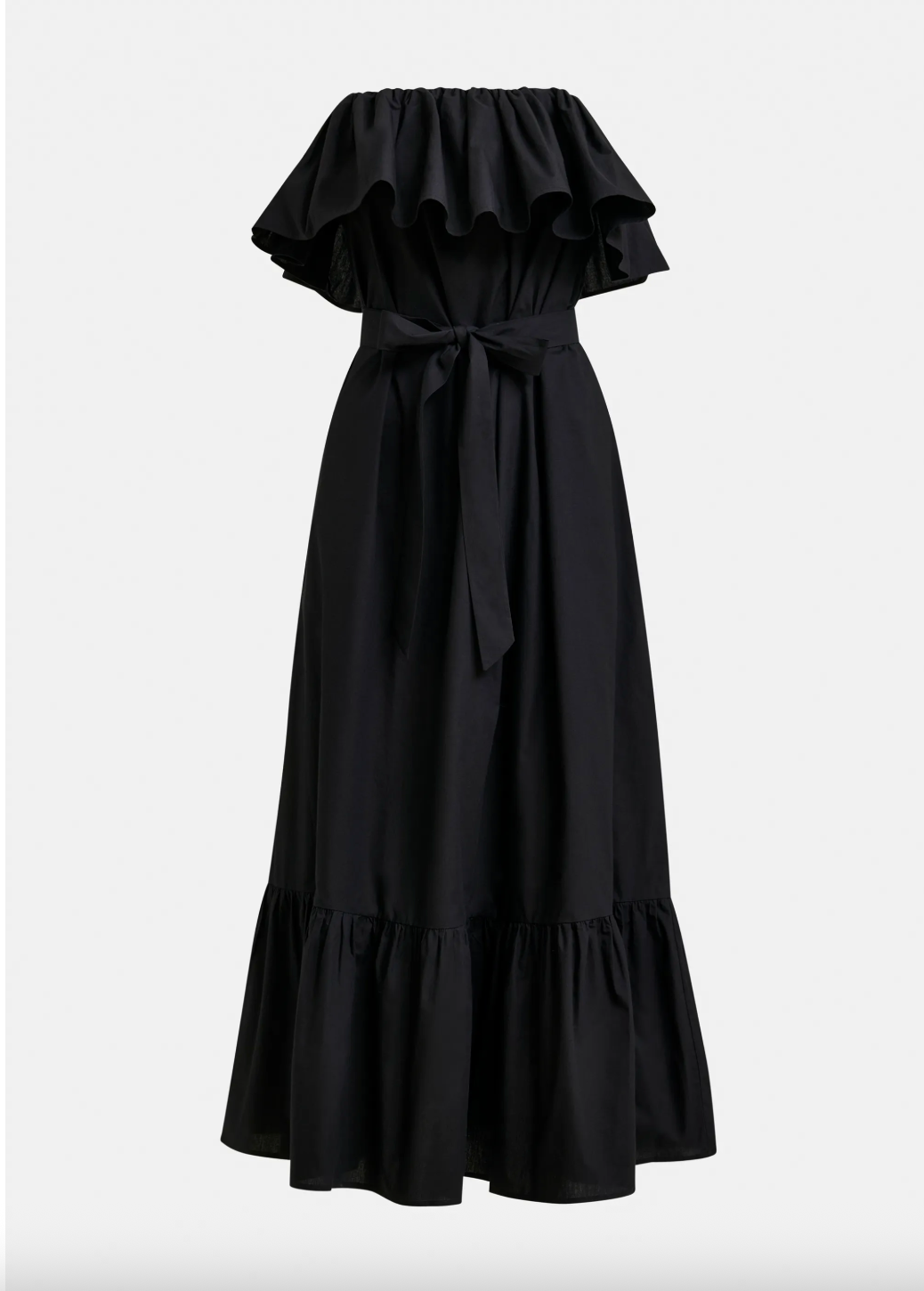 Black off-shoulder dress with ruffled details on a white background