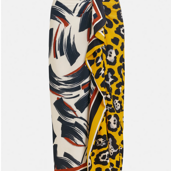 Skirt with abstract and leopard print patterns on a white background