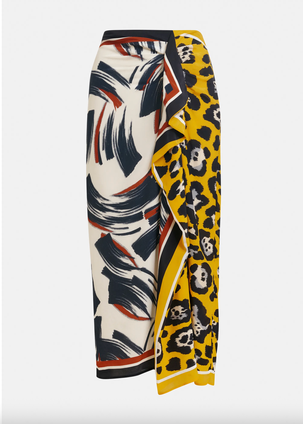 Skirt with abstract and leopard print patterns on a white background