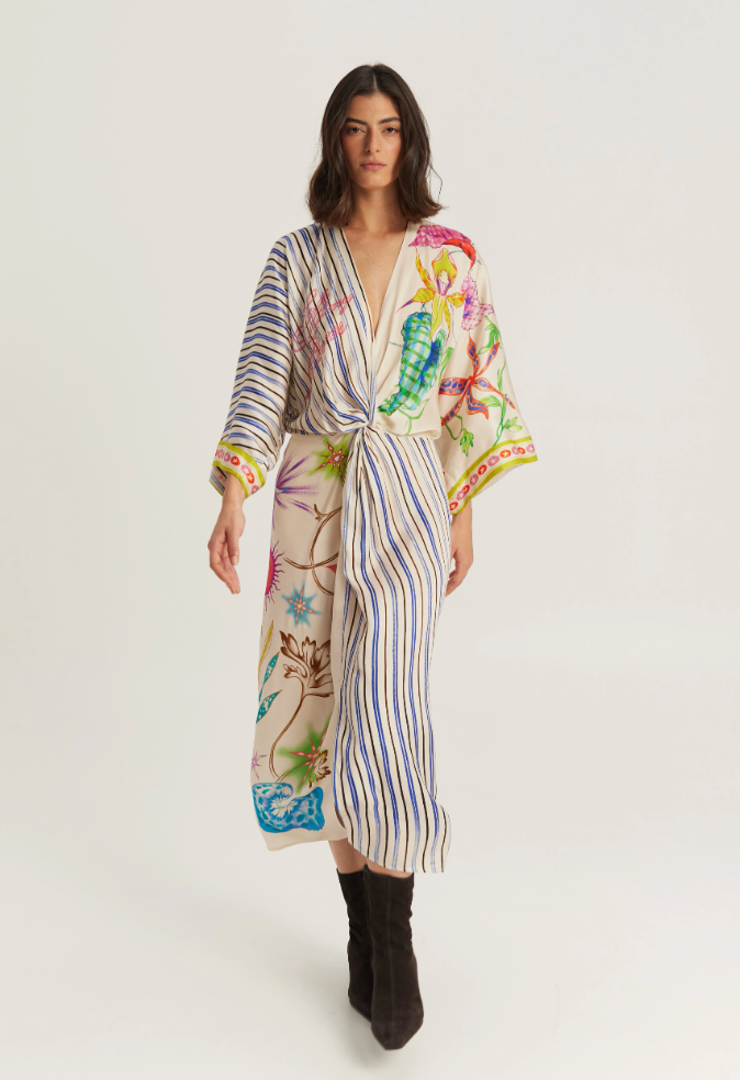 A model wearing a long-sleeved wrap robe with a vertical striped base and colorful botanical and sea-creature prints, paired with black ankle boots, against a plain light gray studio background.