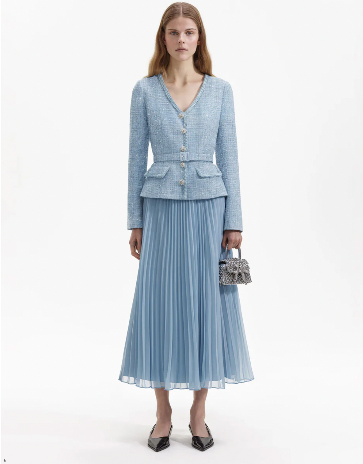 Light blue midi dress with boucle jacket top and crystal buttons and belt with pleated skirt