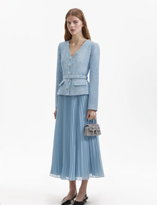 Light blue midi dress with boucle jacket top and crystal buttons and belt with pleated skirt