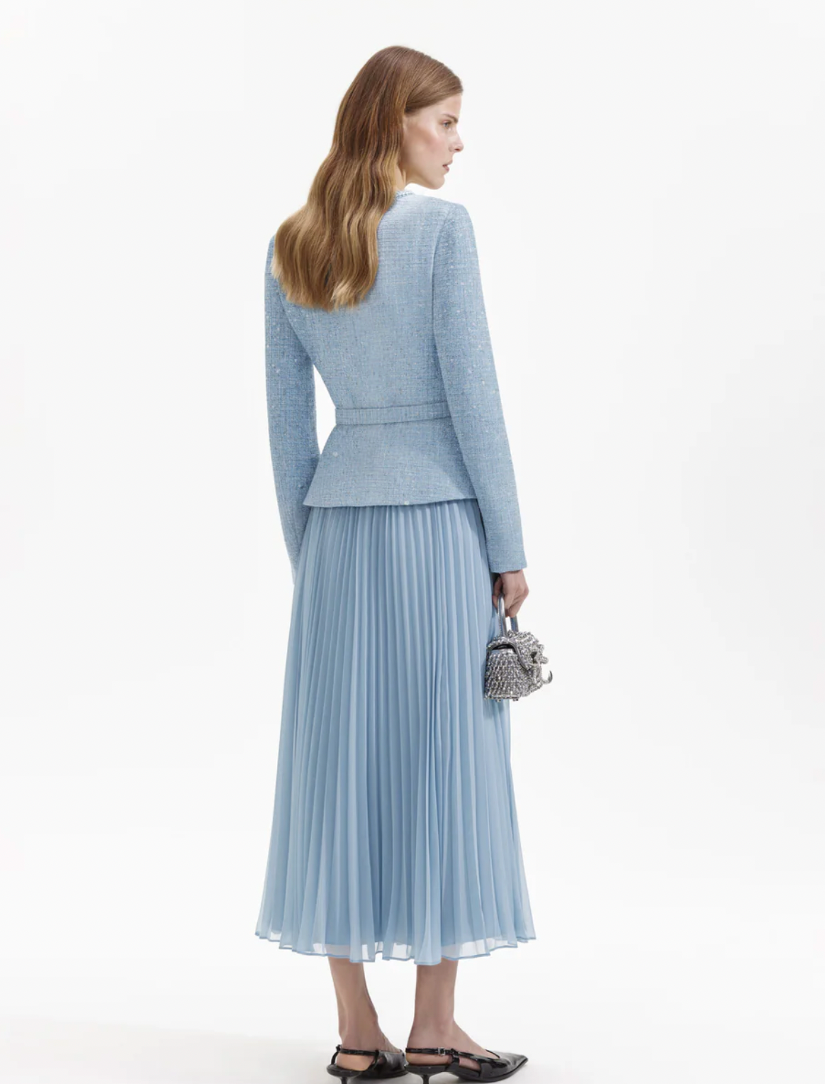 Light blue midi dress with boucle jacket top and crystal buttons and belt with pleated skirt