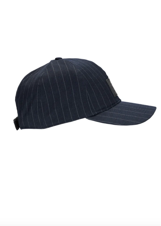 navy pinstripe waterproof cap side view