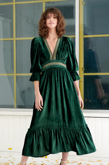 emerald green crushed cotton velvet dress with v neck and elasticated sleeves with gold leaf embroidery detail 