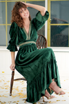 emerald green crushed cotton velvet dress with v neck and elasticated sleeves with gold leaf embroidery detail 