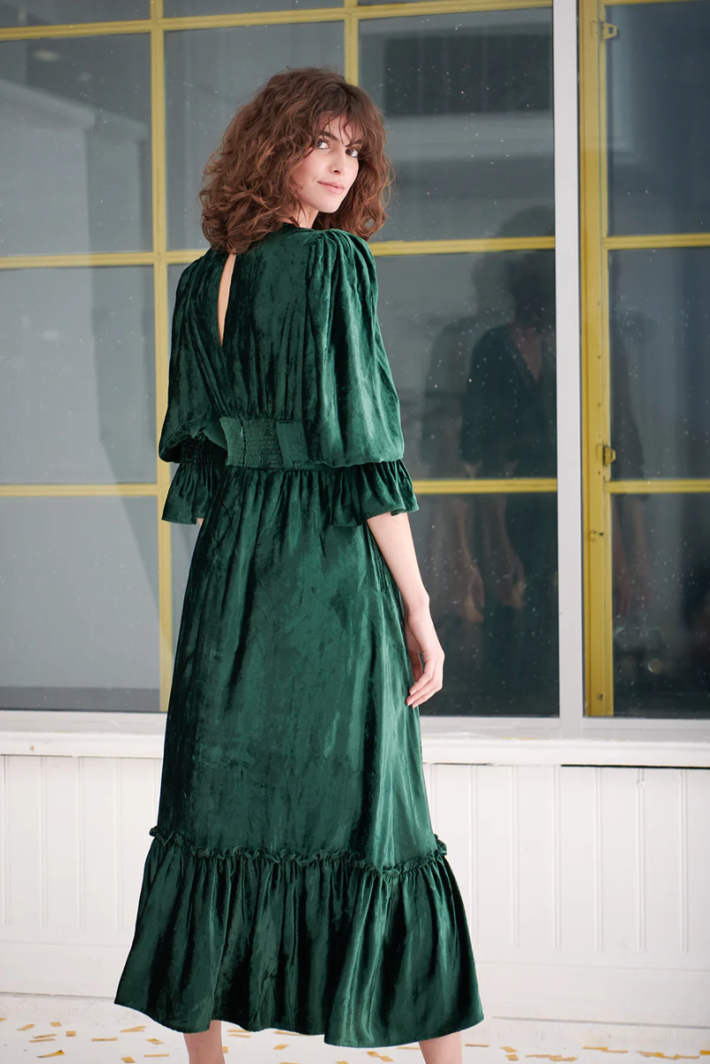 emerald green crushed cotton velvet dress with v neck and elasticated sleeves with gold leaf embroidery detail rear view 