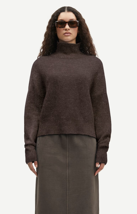 brown turtleneck jumper with ribbed hem, cuffs and neck