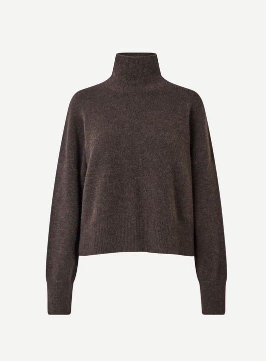 brown turtleneck jumper with ribbed hem, cuffs and neck