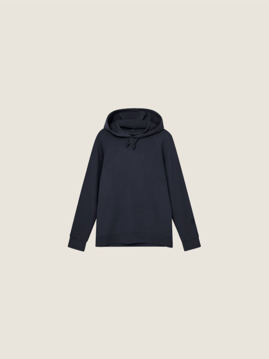 dark navy hooded sweatshirt with drawstring neck 