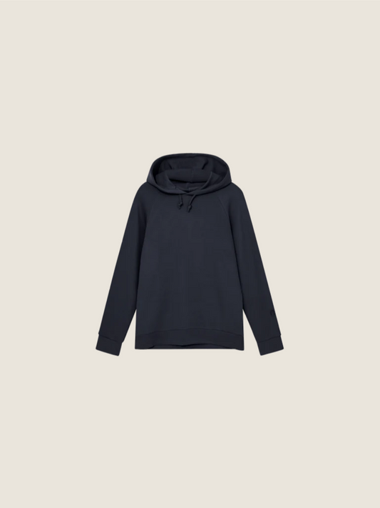 dark navy hooded sweatshirt with drawstring neck 