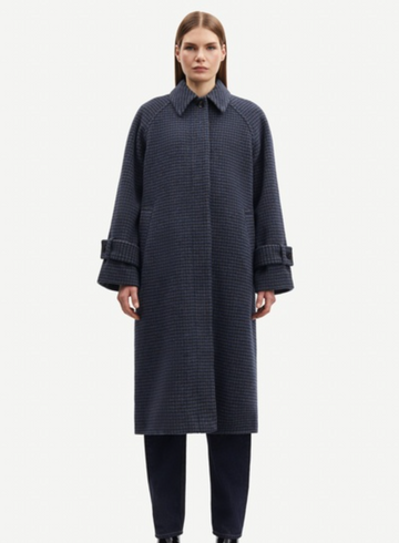 houndstooth oversized wool coat with blue and terracotta flecks 