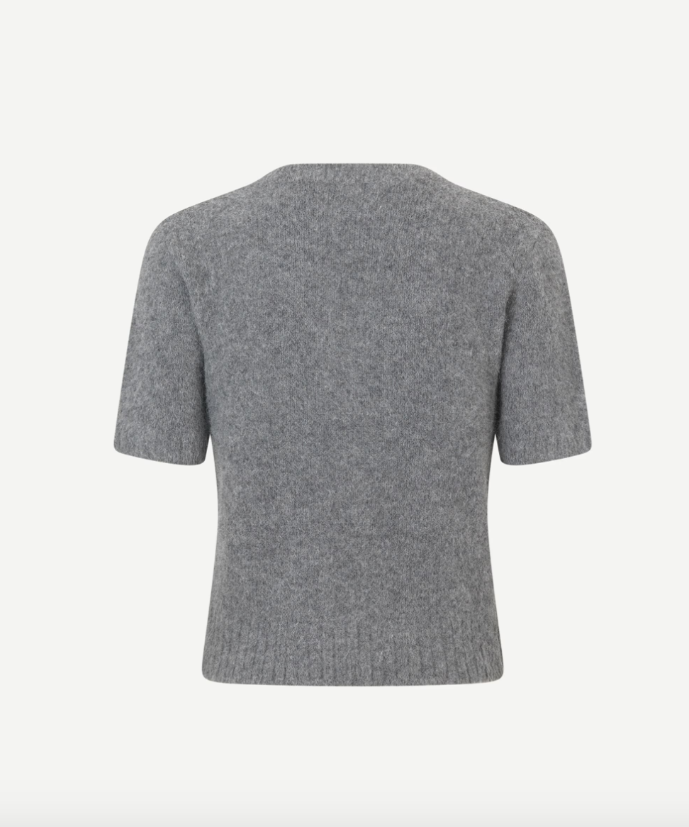 short sleeved brushed grey jumper with round neck rear view