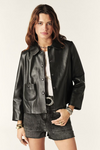 Peter pan collared leather jacket on model