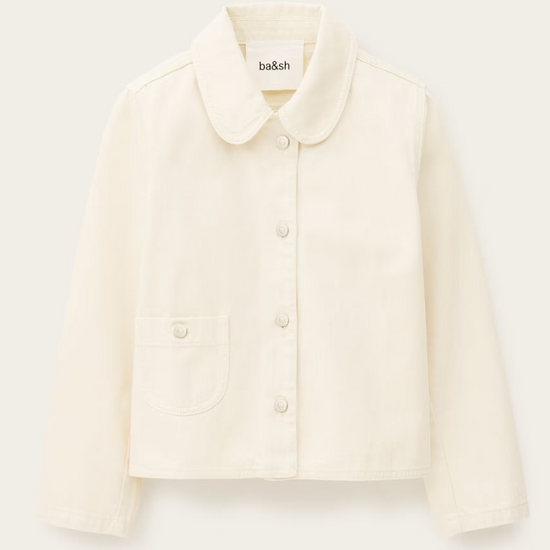 ecru cotton jacket with peter pan collar, 1 patch pocket and silver buttons