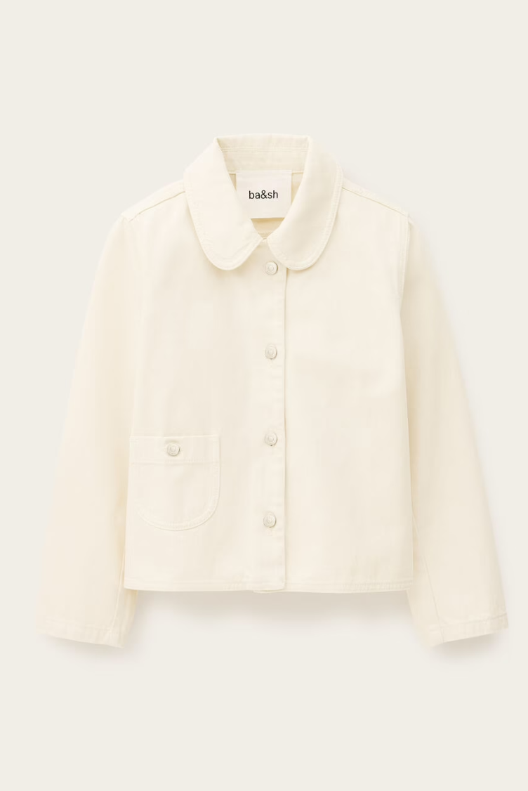 ecru cotton jacket with peter pan collar, 1 patch pocket and silver buttons