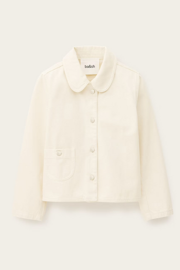 ecru cotton jacket with peter pan collar, 1 patch pocket and silver buttons