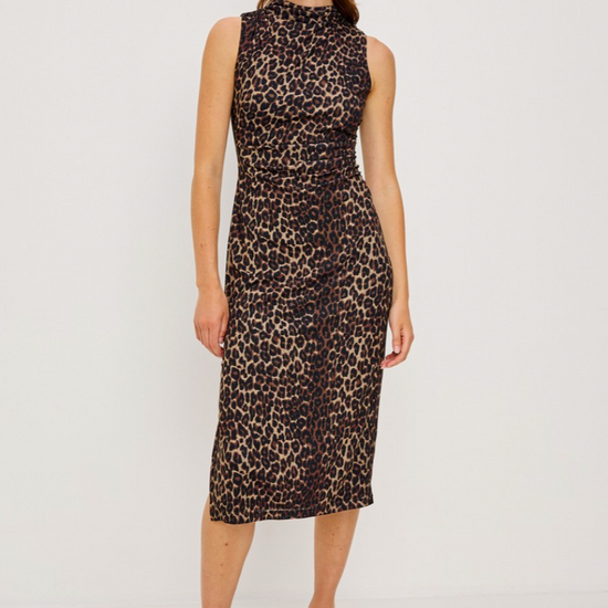 Woman wearing a leopard print dress on a white background
