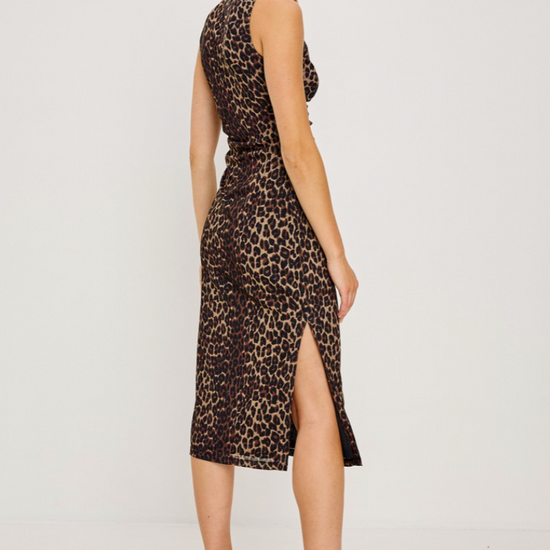 Woman wearing a leopard print dress on a white background