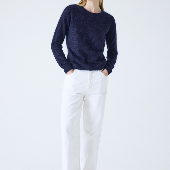 crew neck navy cashmere jumper with fluffy texture model shot